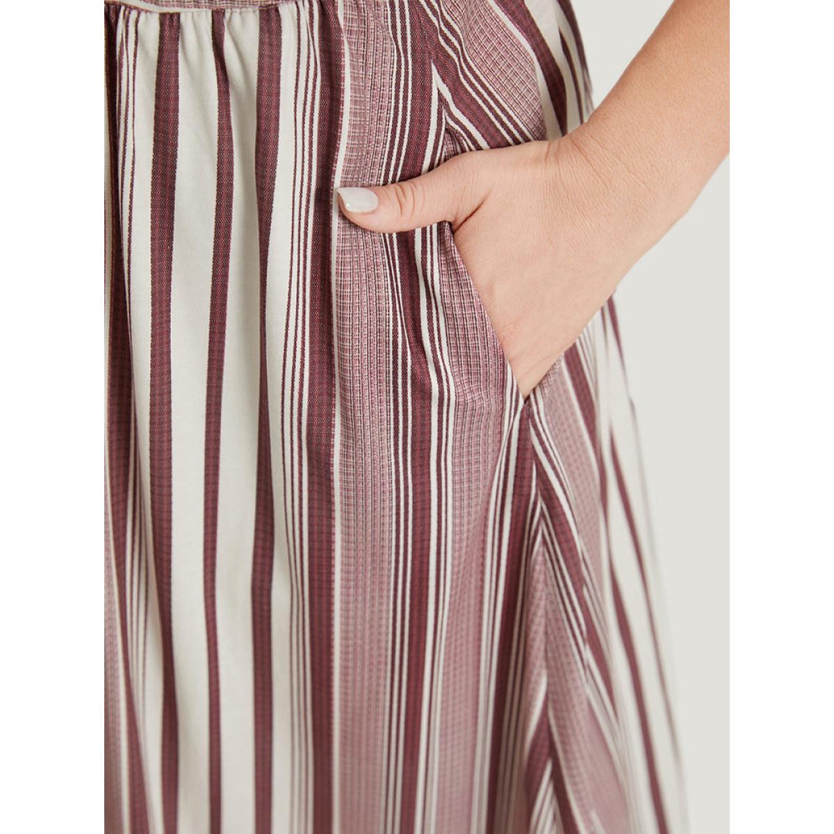 Plus Size Striped Pocket Elastic Waist Keyhole Dress Burgundy Women Casual Cut-Out Round Neck Short sleeve Curvy Midi Dress BloomChic 12/L Product Image
