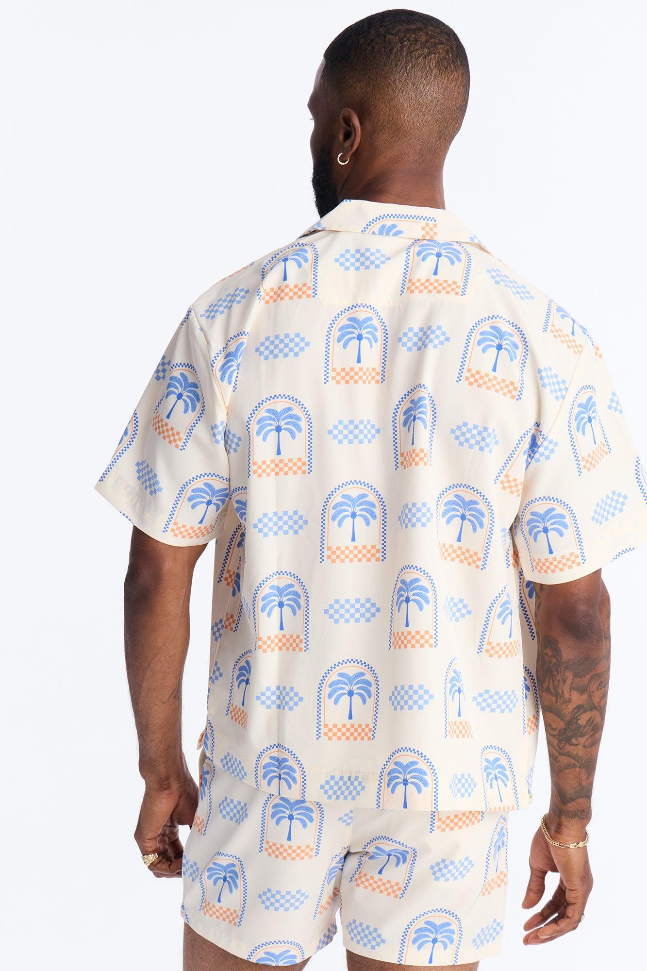 Coastal Palm Grid Cuban Collar Button Up Shirt - White/Blue Male Product Image