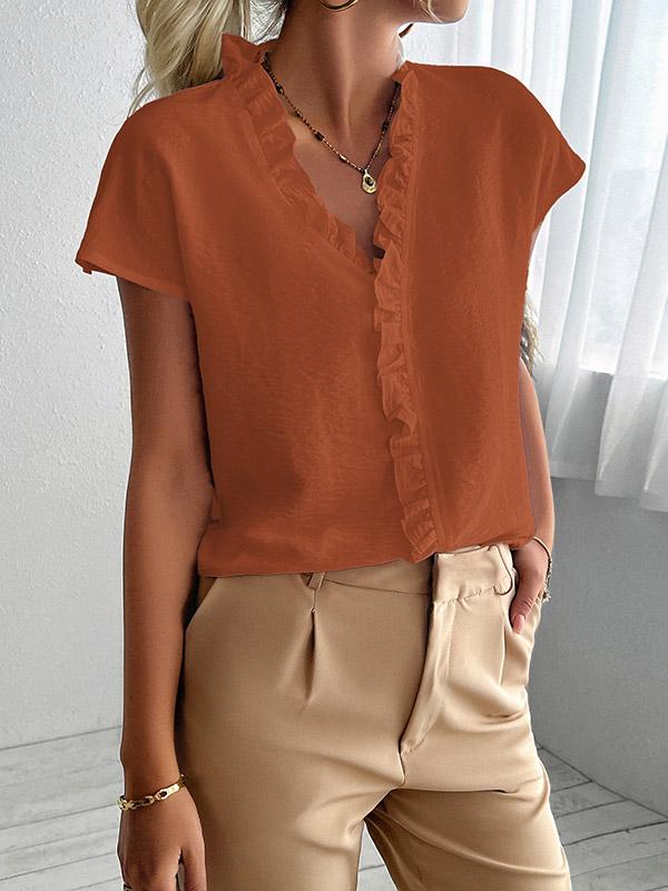 Loose Short Sleeves Ruffle Trim Solid Color V-Neck Blouses&Shirts Tops Product Image