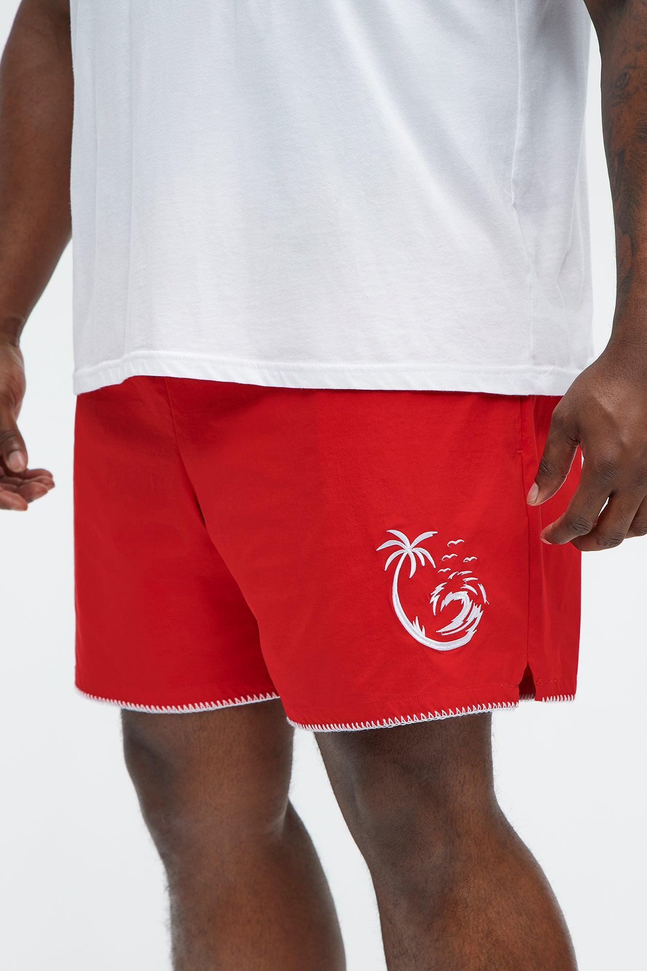 Palm Embroidered Swim Mid Trunk - Red Product Image