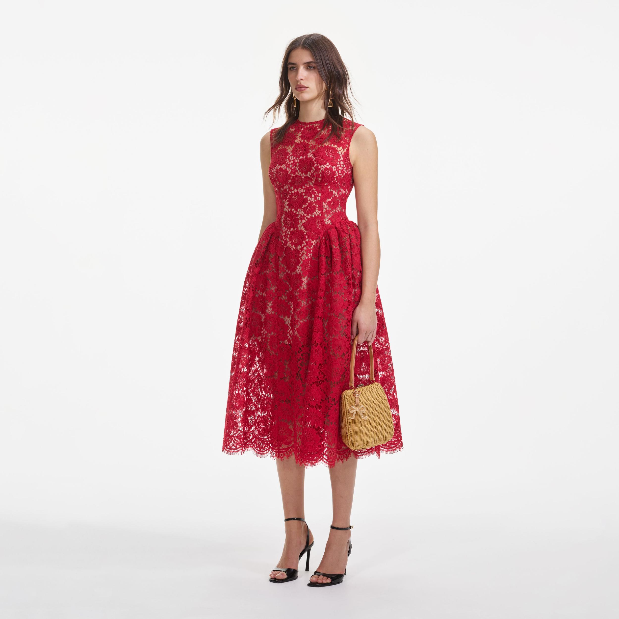 Red Fine Lace Midi Dress Product Image
