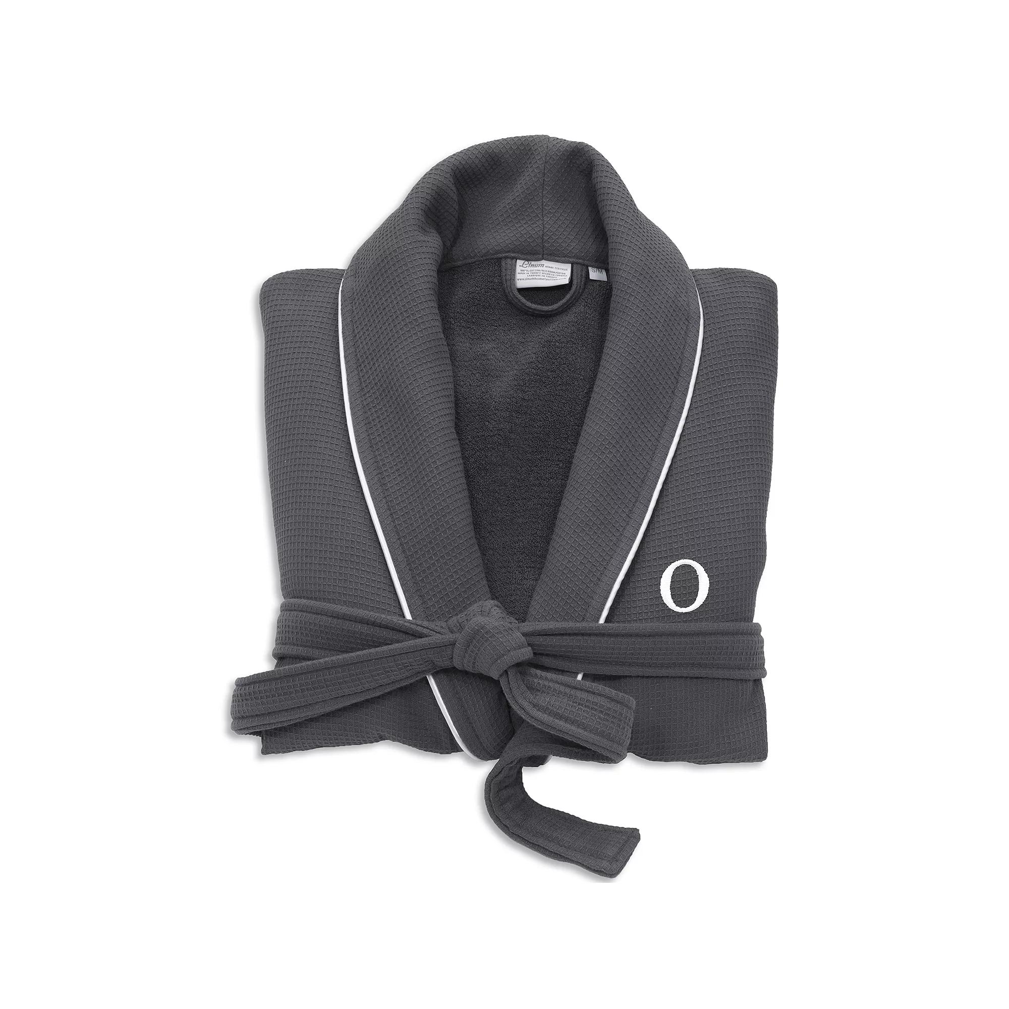 Linum Home Textiles Turkish Cotton Personalized Satin Piped Trim Waffle Terry Gray Bathrobe, Adult Unisex,  Product Image