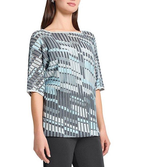 Ming Wang Sheer Burnout Jacquard Knit Square Boat Neck Elbow Sleeve Tunic Product Image