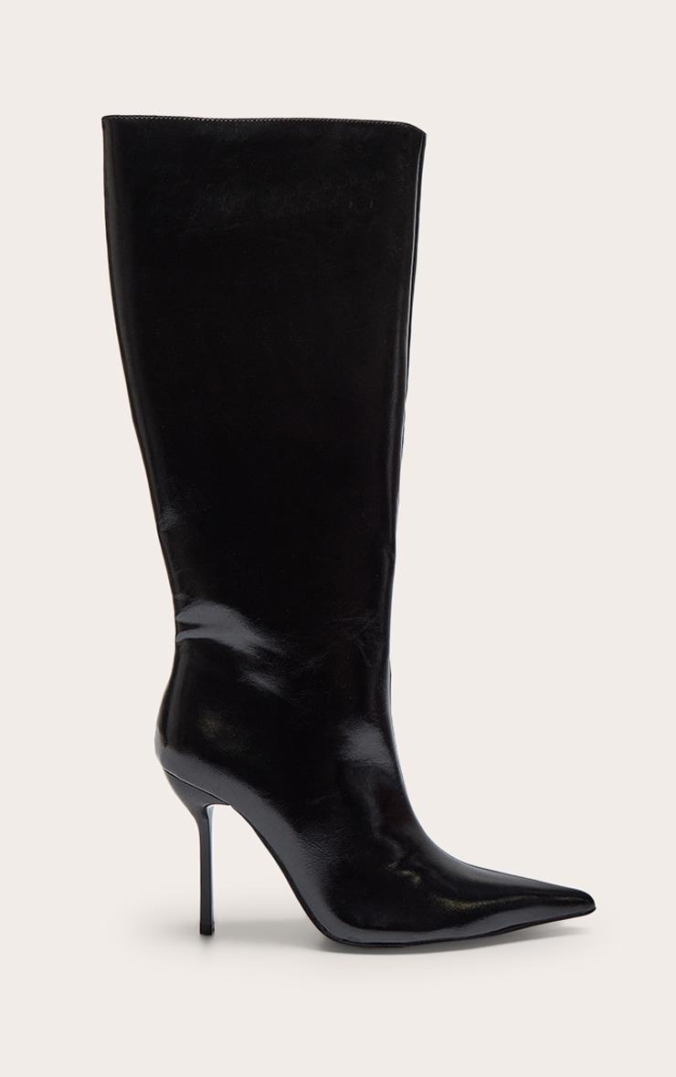 Black PU Point Toe Knee High Stiletto Heeled Boots Product Image