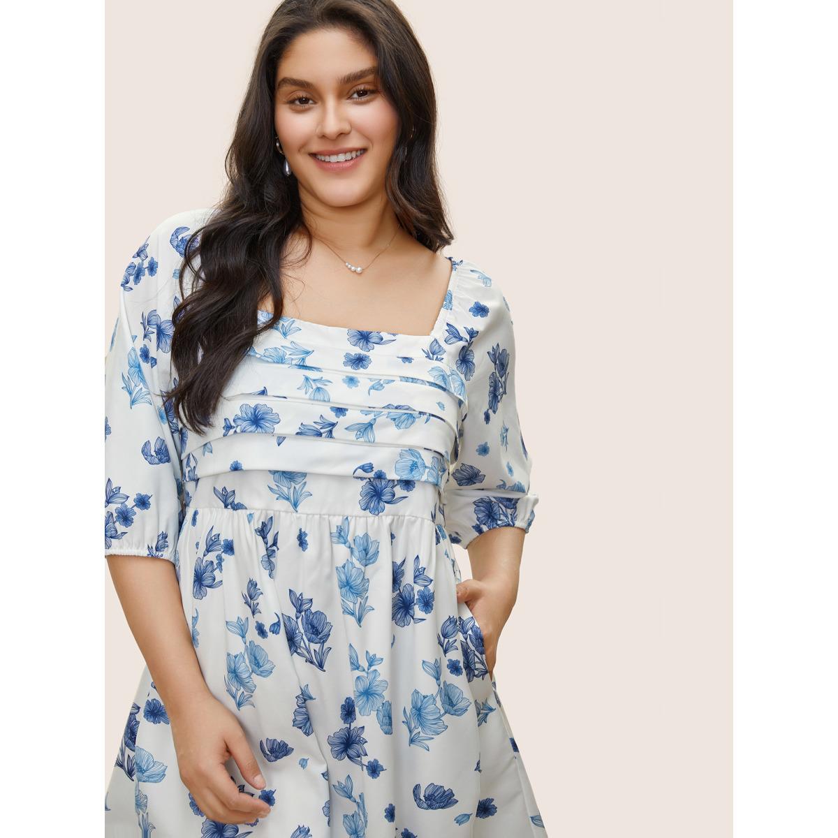 Plus Size Square Neck Floral Print Pleated Lantern Sleeve Dress White Women Elegant Non Square Neck Elbow-length sleeve Curvy Midi Dress BloomChic 12/L Product Image