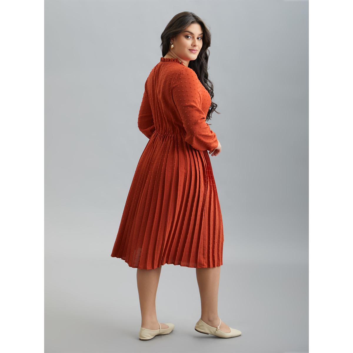 Plus Size Notched Collar Textured Pleated Midi Dress OrangeRed Women Casual Texture Flat collar with V-notch Long Sleeve Curvy BloomChic 14-16/1X Product Image