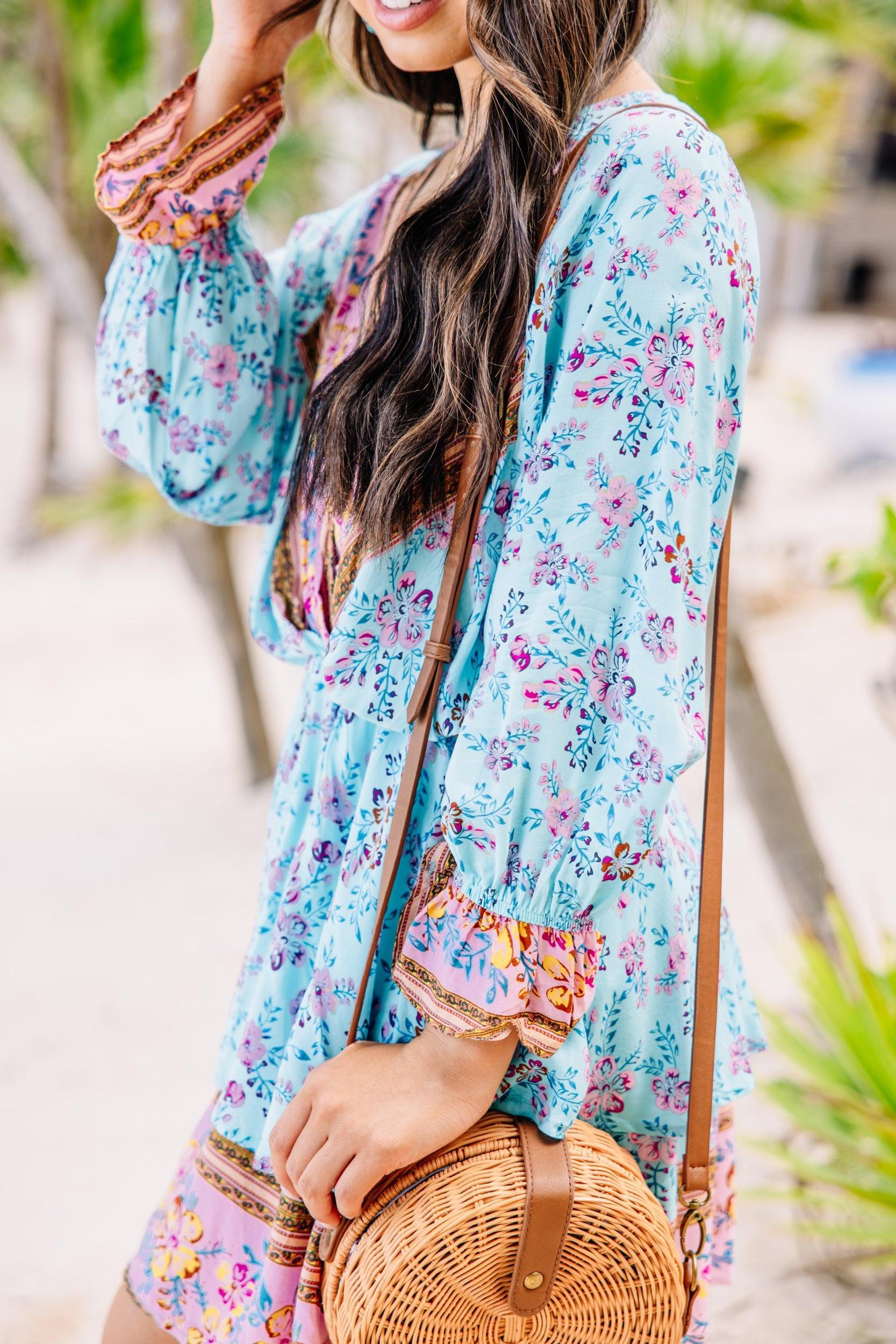 Make The News Aqua Blue Mixed Print Dress Female Product Image