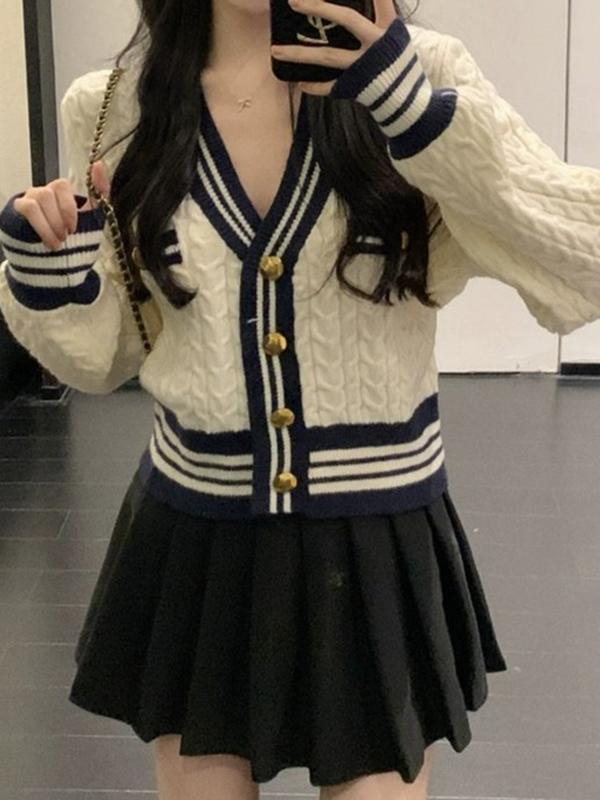 V Neck Striped Trim Splice Cable Knit Short Cardigan Product Image