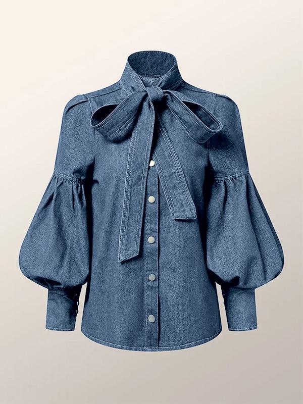 Long Sleeves Puff Sleeves Bow-Embellished Buttoned Split-Joint Tied High Neck Blouses&Shirts Tops Product Image