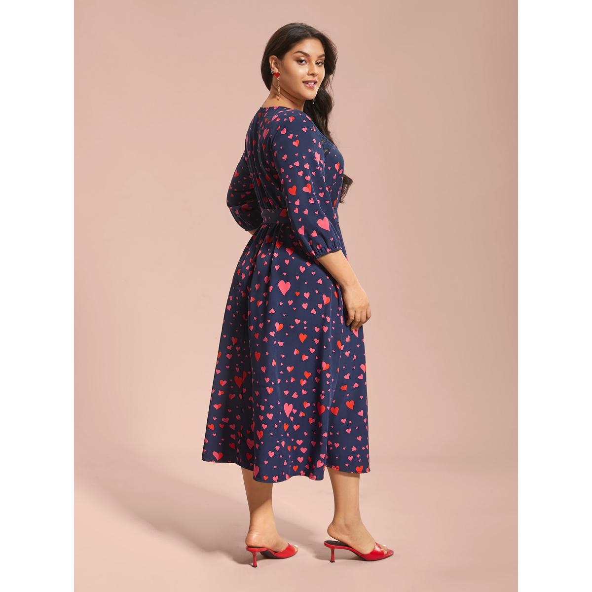 Plus Size Lace Insert Heart Print Waist-Tie Dress DarkBlue Women Elegant Woven ribbon&lace trim Round Neck Elbow-length sleeve Curvy BloomChic 10/M Product Image