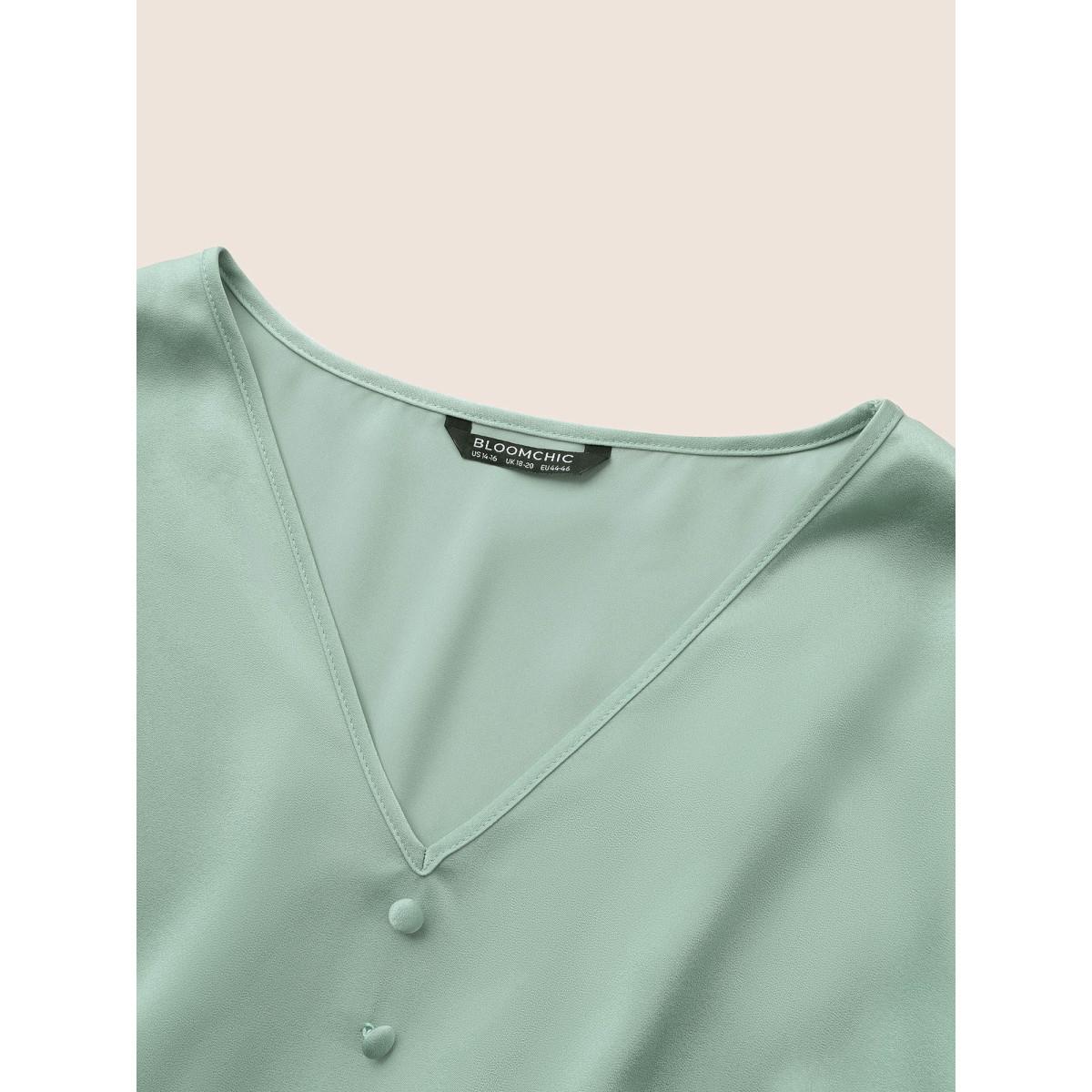 Plus Size Plain Ruffles Button Detail Split Front Satin Dress Turquoise Women Elegant Non V-neck Elbow-length sleeve Curvy Midi Dress BloomChic 28/5X Product Image