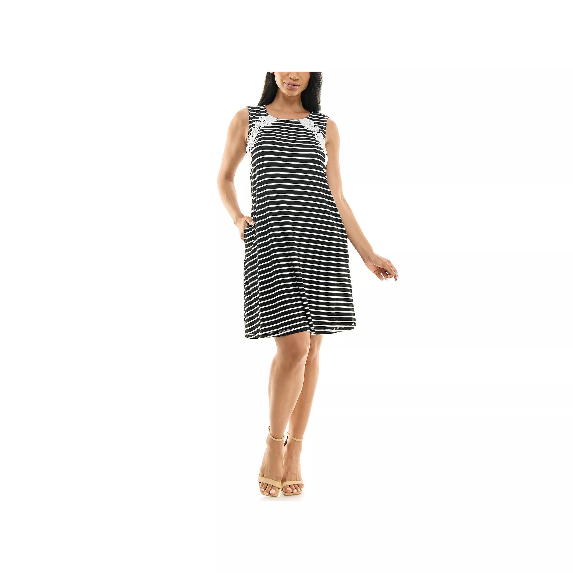 Women's Nina Leonard Striped Lace-Trim Swing Dress, Size: Small, Black Product Image