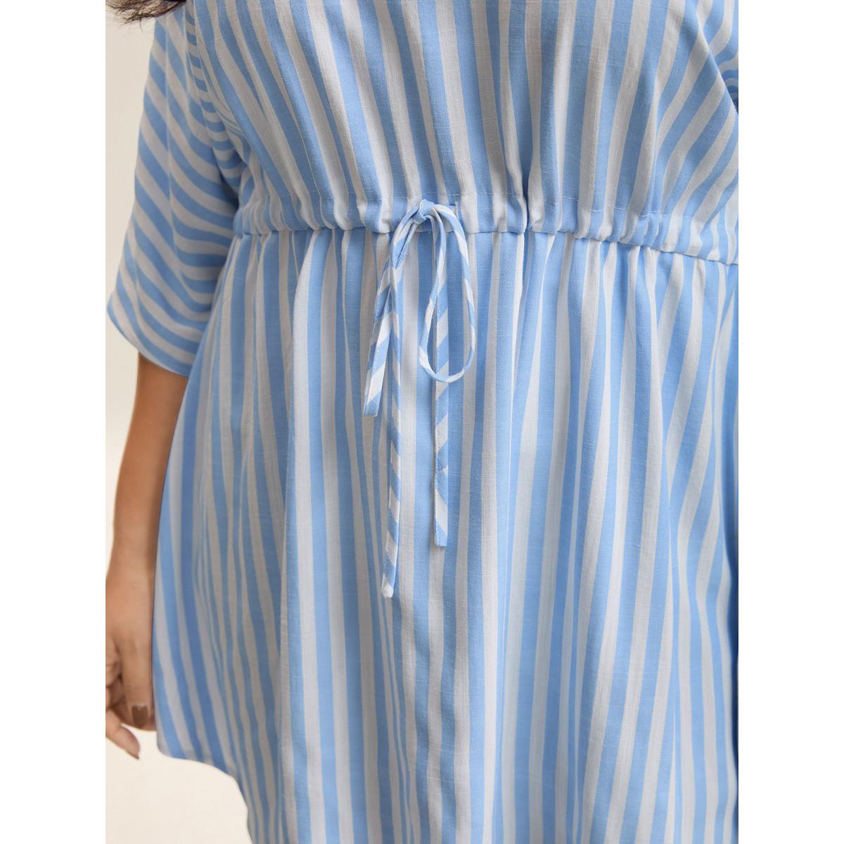 Plus Size LightBlue Cotton Linen Blend Striped Tied Blouse Women Elbow-length sleeve Round Neck Everyday-Elegant Blouses BloomChic 14-16/1X Product Image
