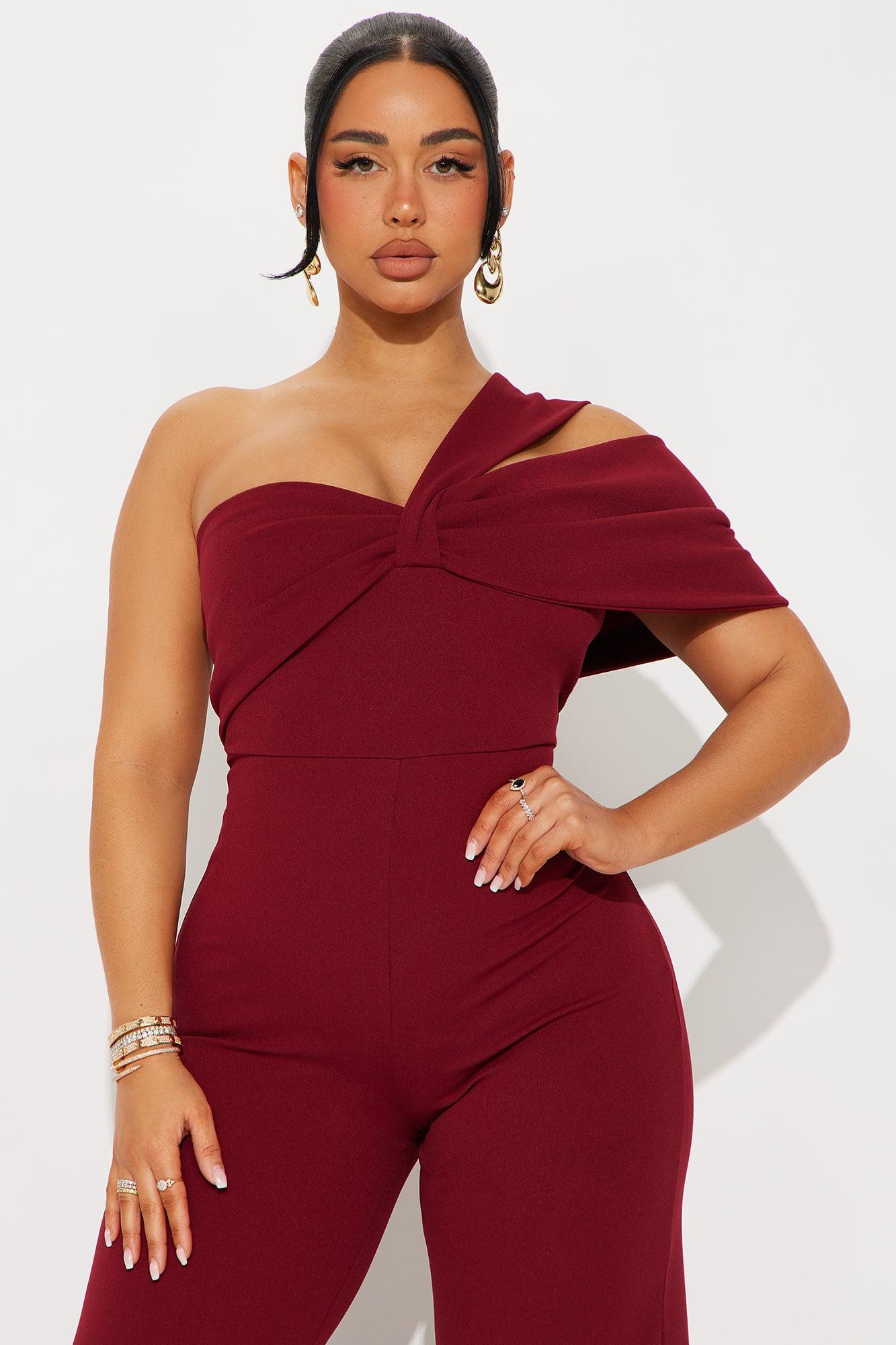Slay All Day Off Shoulder Jumpsuit - Burgundy Product Image