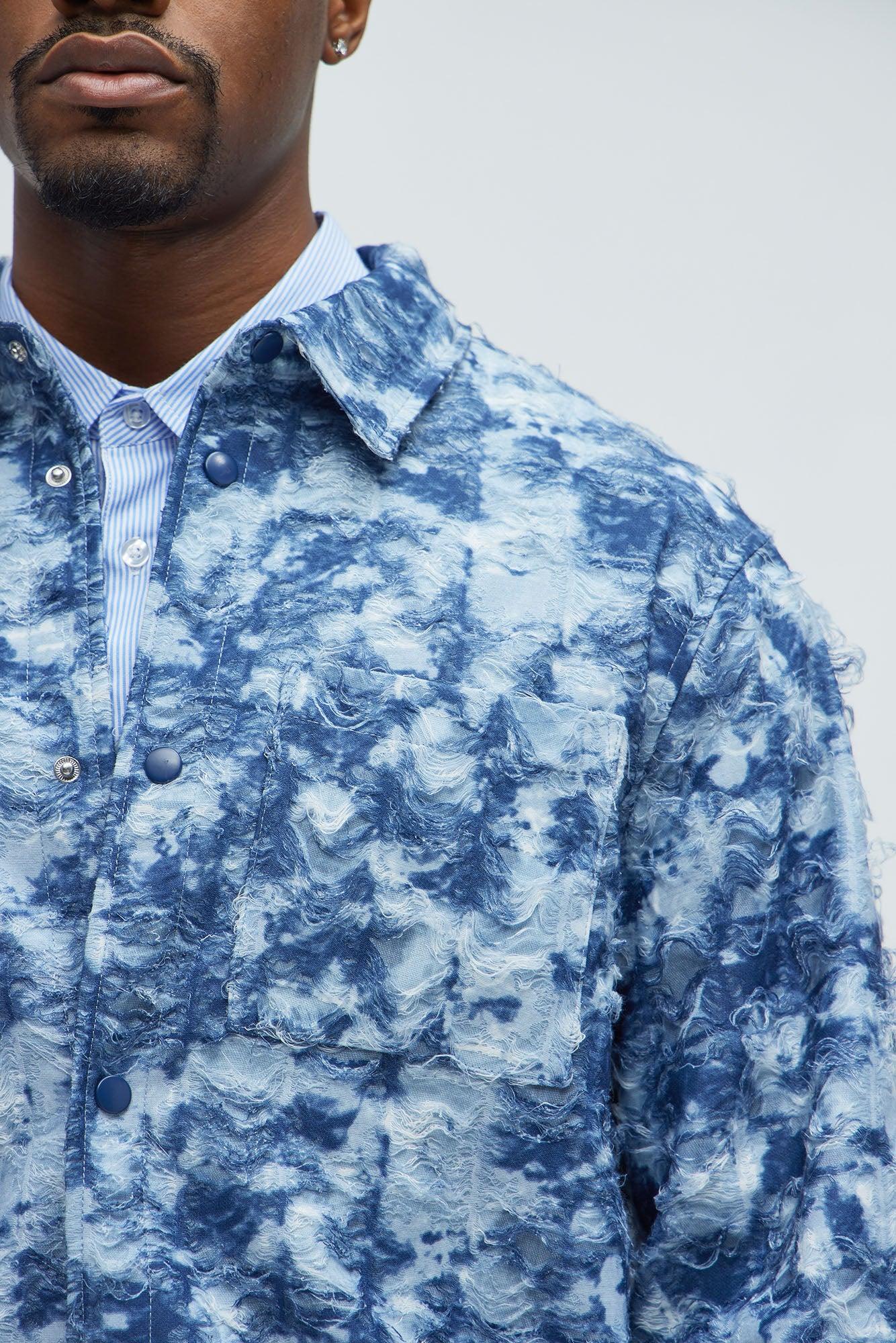 Babson Distressed Denim Like Button Up Shirt - Blue/combo Product Image