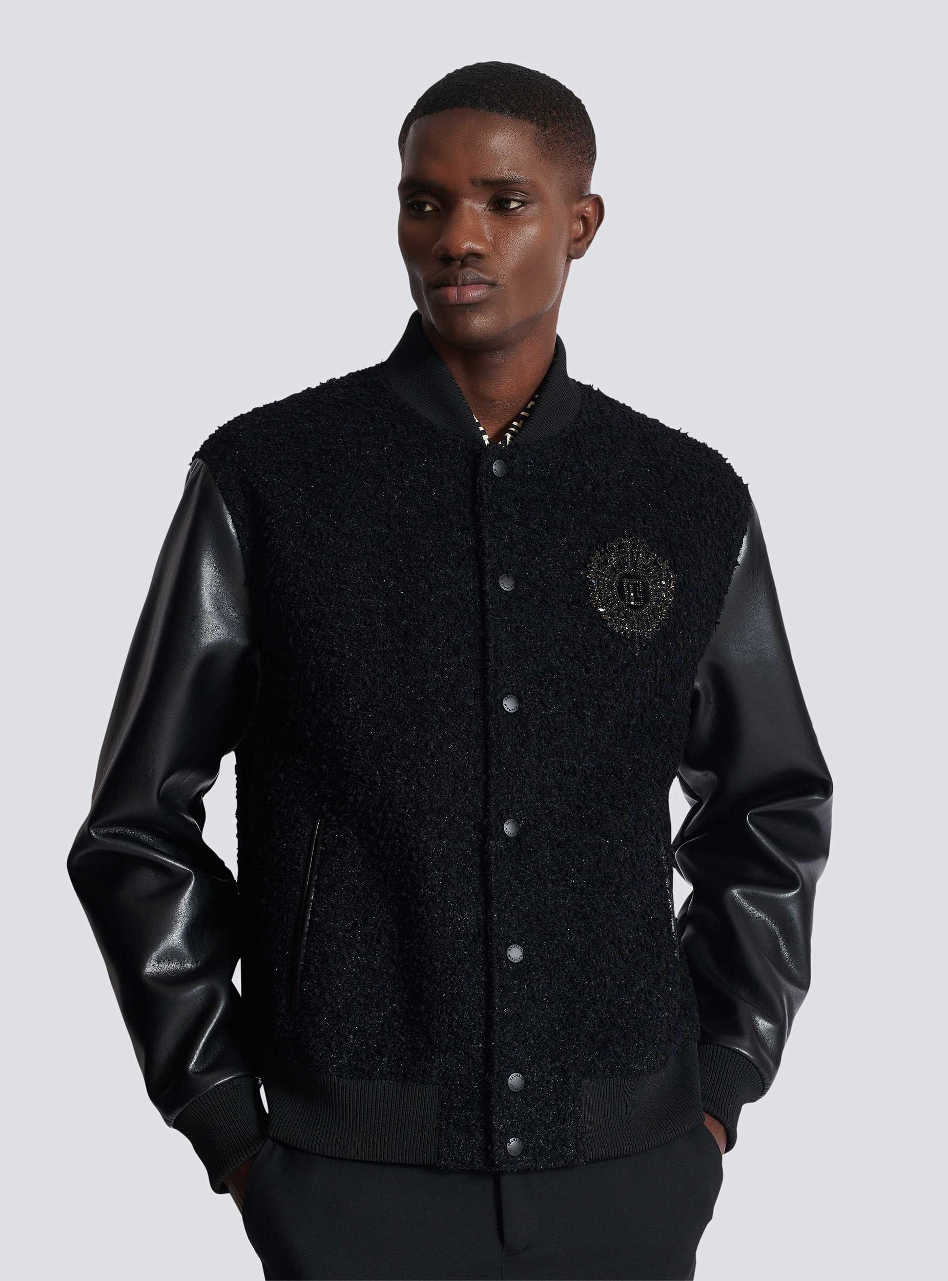 Varsity tweed and faux leather jacket Product Image