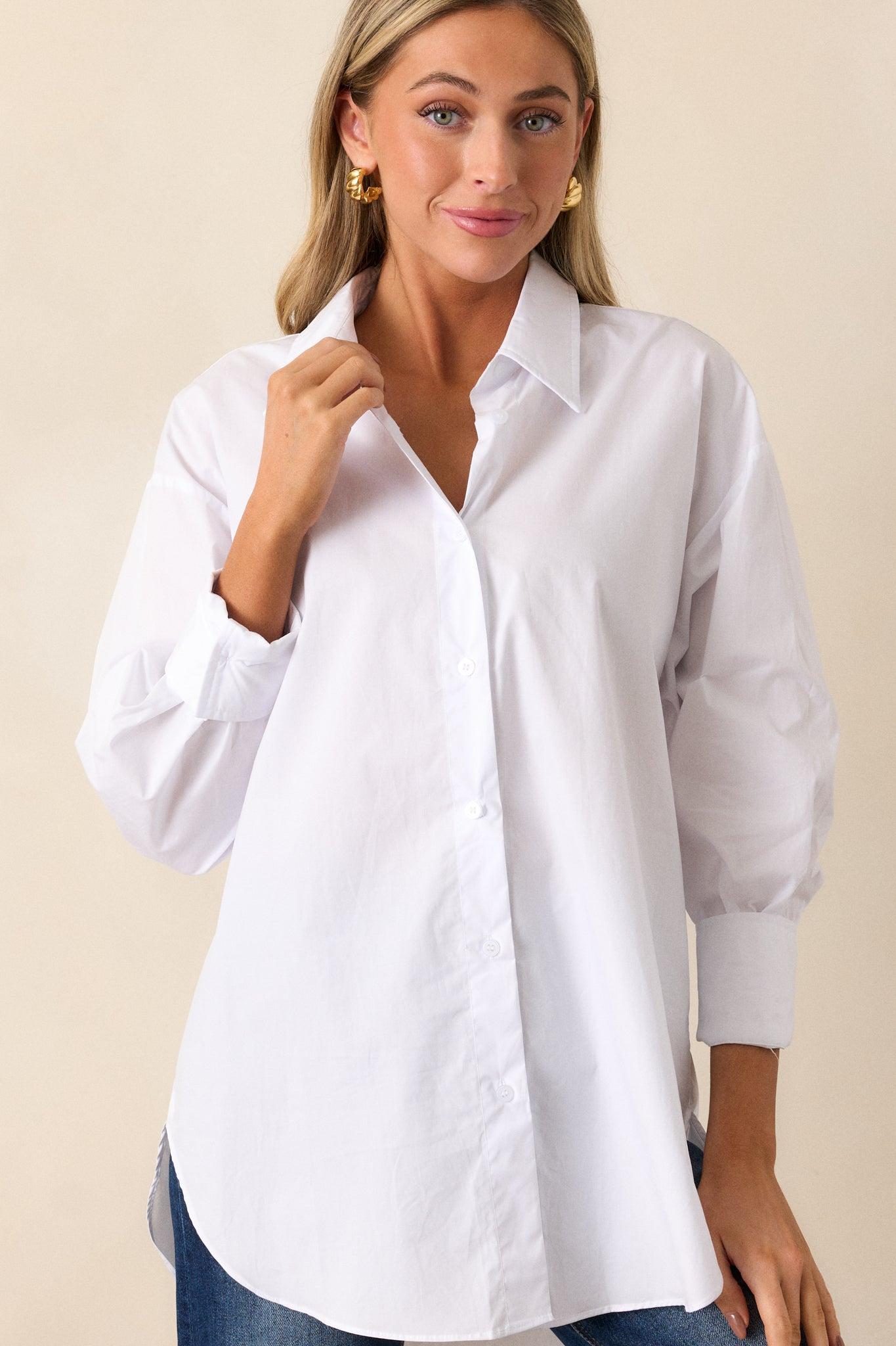 Came Prepared Cotton White Long Sleeve Button Front Top Product Image