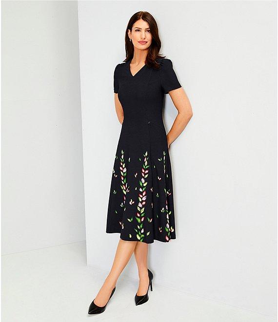 Investments Scuba Crepe Vines Short Sleeve Fit and Flare V-Neck Midi Dress Product Image