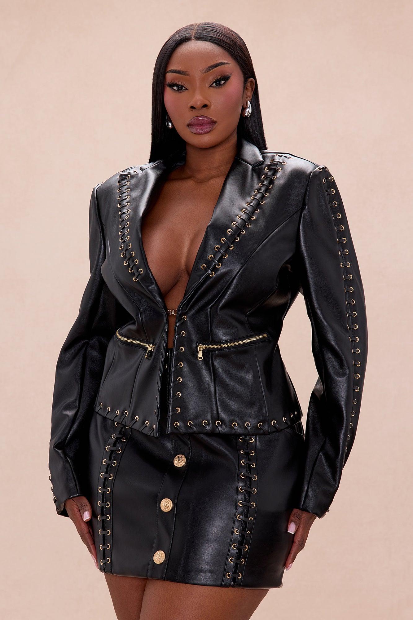 Downtown Vibe Lace Up Faux Leather Jacket - Black/Gold Female Product Image