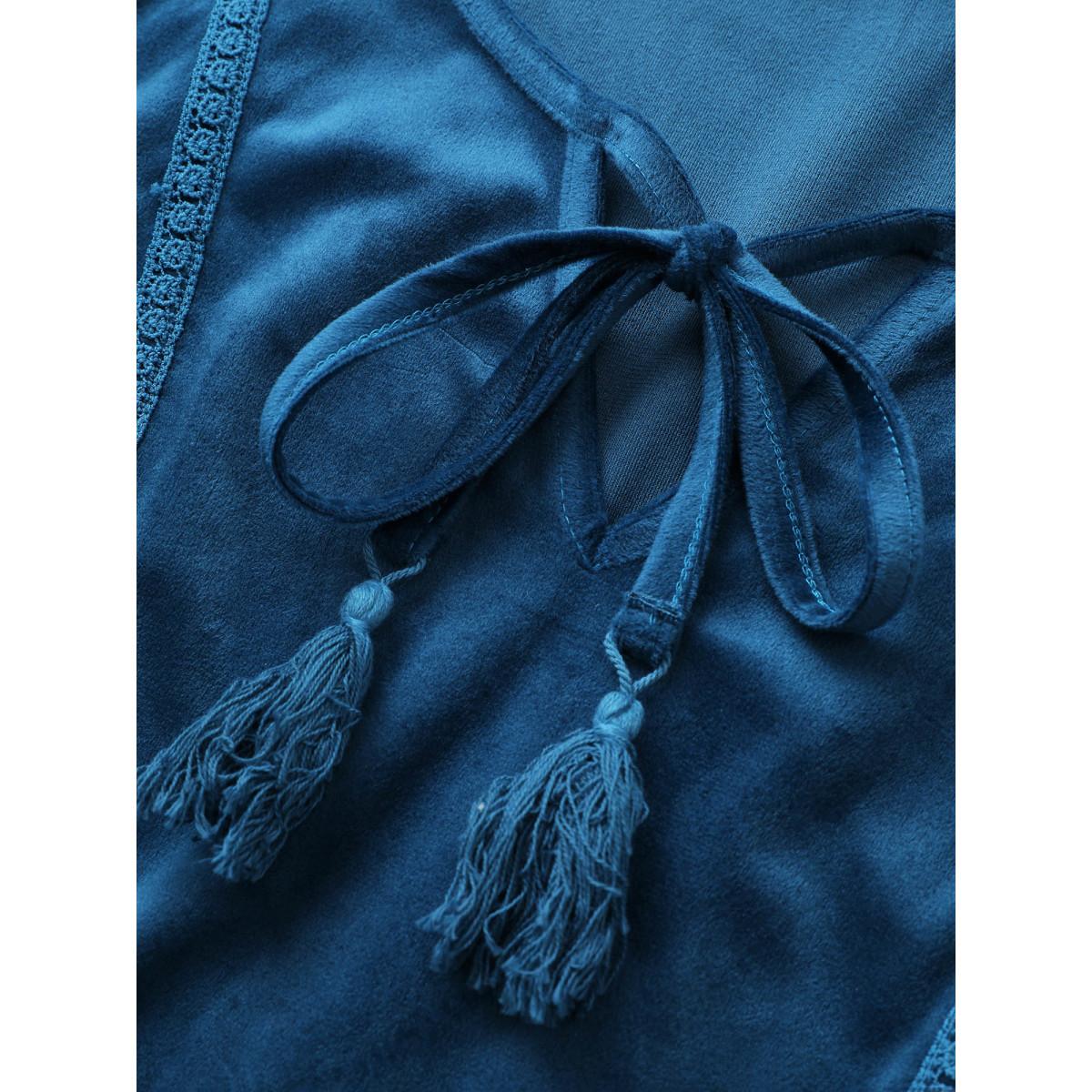 Plus Size Indigo Velvet Contrast Embroidered Tassels Ties Blouse Women Resort Elbow-length sleeve Tie Neck Vacation Blouses BloomChic 18-20/2X Product Image