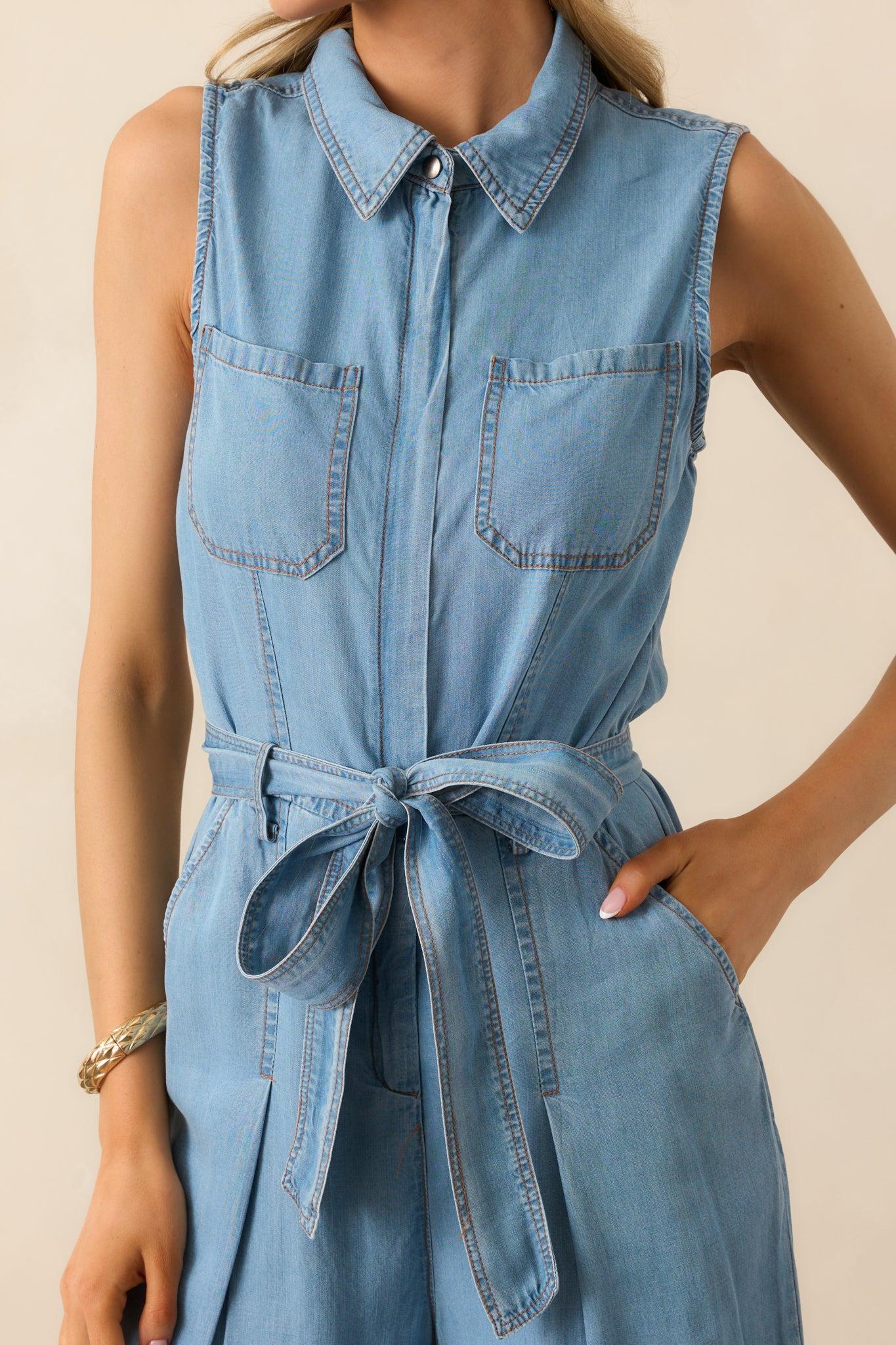 Best Foot Forward Blue Chambray Sleeveless Jumpsuit Product Image