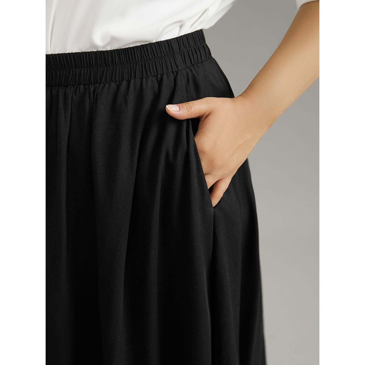 Plus Size Solid Rayon Elastic Waist Pocket Hanky Hem Skirt Women Black Office Plain No stretch Pocket Work Skirts BloomChic 22-24/3X Product Image