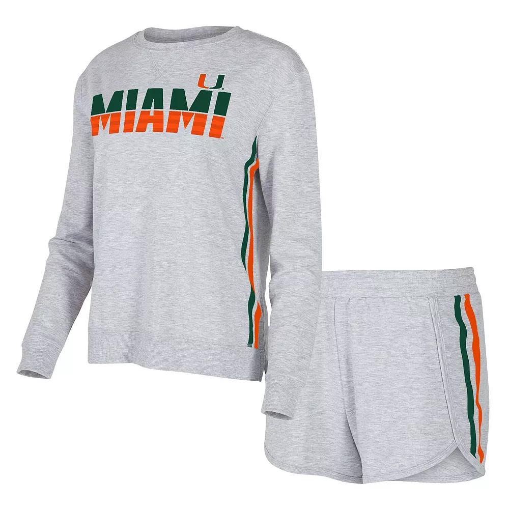 Women's Concepts Sport Gray Miami Hurricanes Cedar Tri-Blend Long Sleeve T-Shirt & Shorts Sleep Set,  Product Image