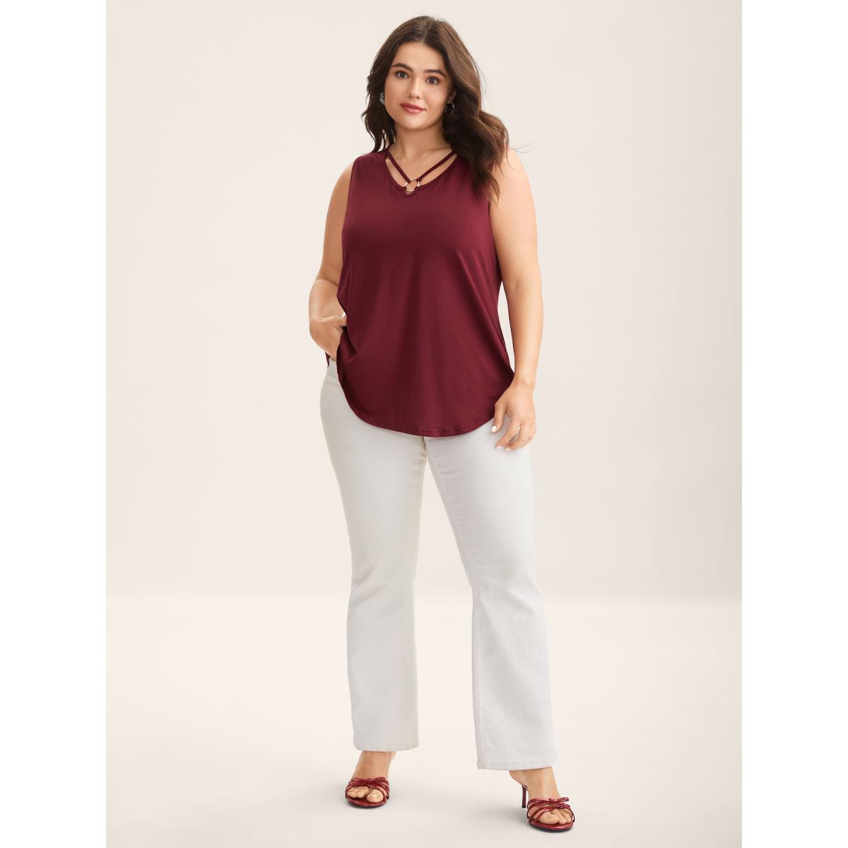 Plus Size Metal Detail Cut-Out Neck Tank Top Women Burgundy Non Notched collar Everyday-Elegant Tank Tops Camis BloomChic 10/M Product Image