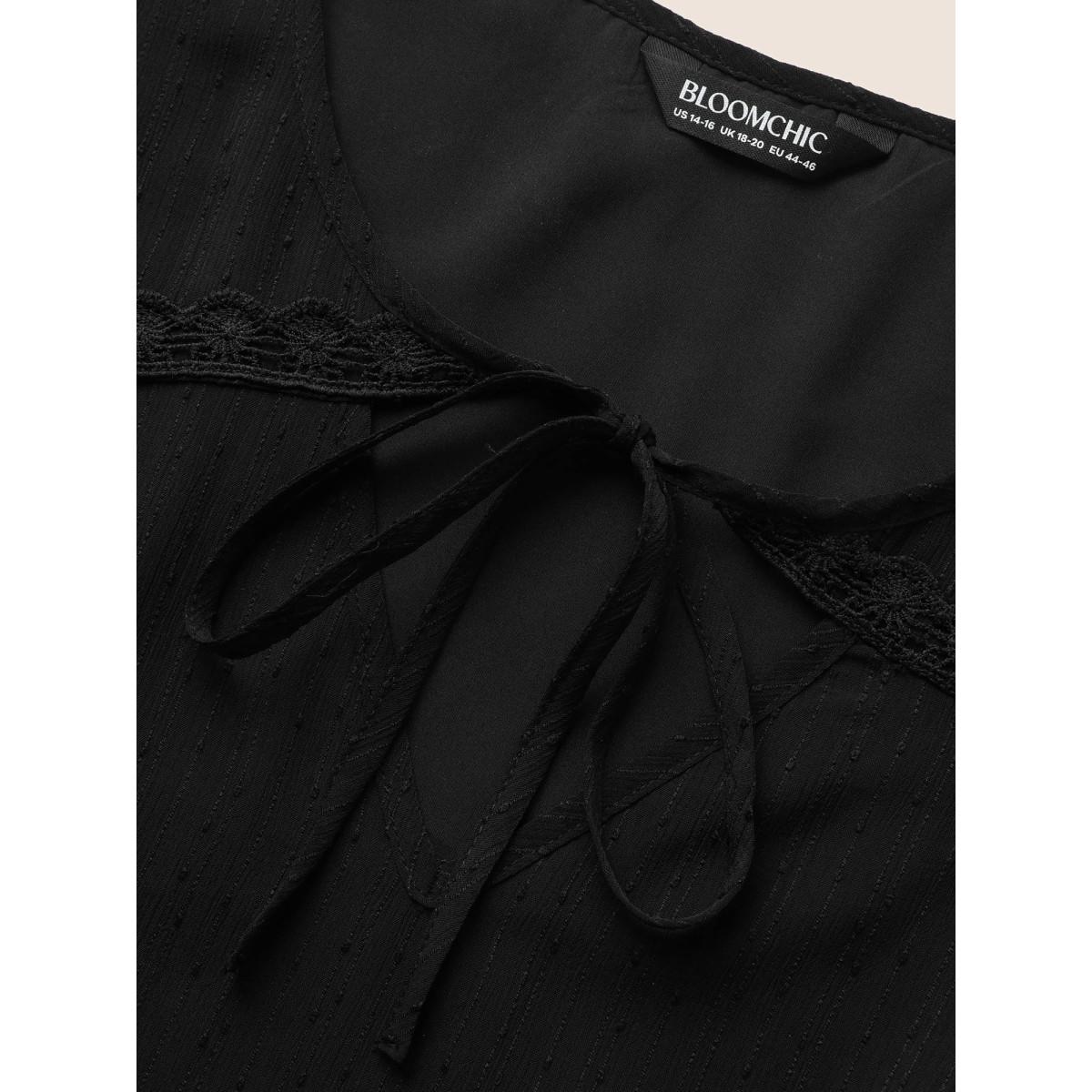 Plus Size Black Lace Panel Knot Neck Lantern Sleeve Blouse Women Elegant Short sleeve V-neck Everyday Blouses BloomChic 10/M Product Image