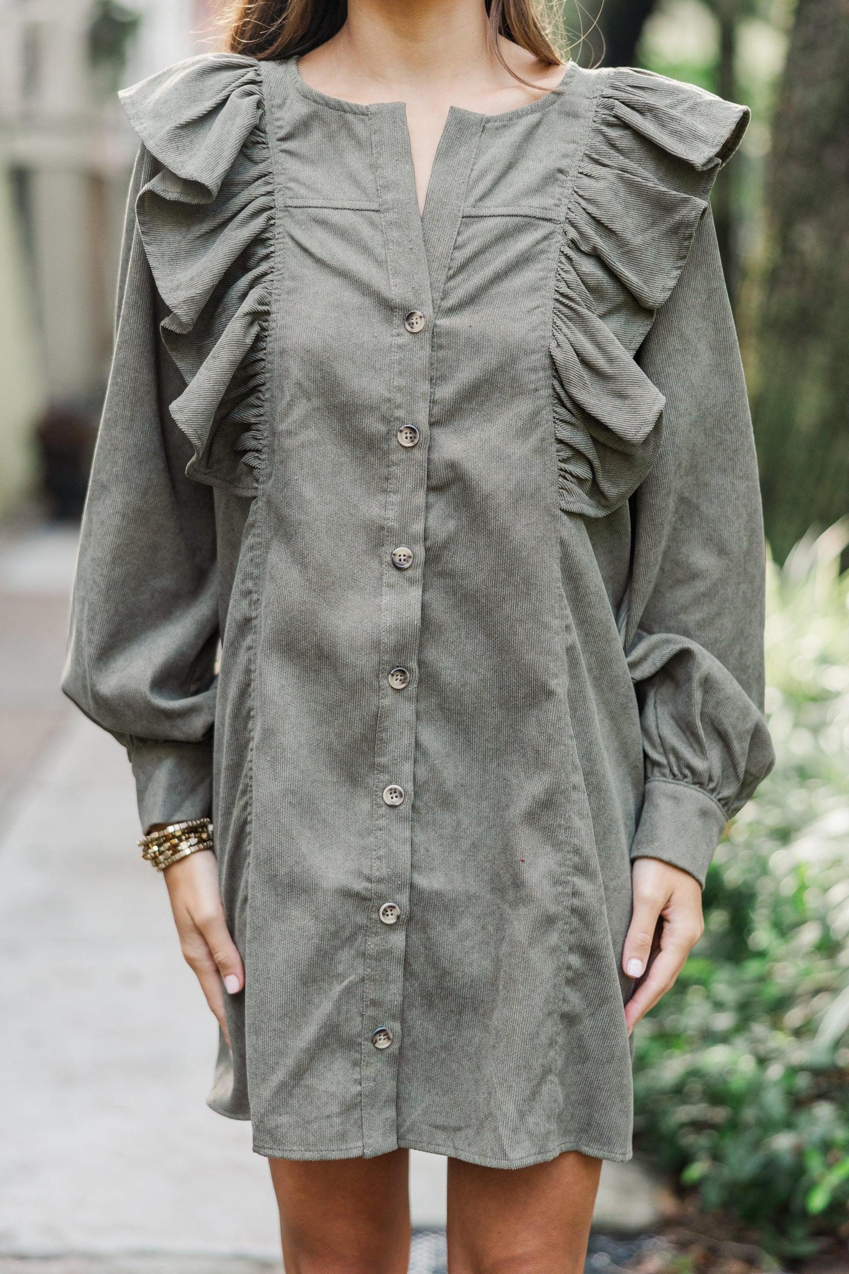 Never Too Late Olive Green Corduroy Dress Female Product Image