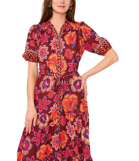 Vince Camuto Woven Floral V-Neck Short Puff Sleeve Button Front Tiered Maxi Dress Product Image