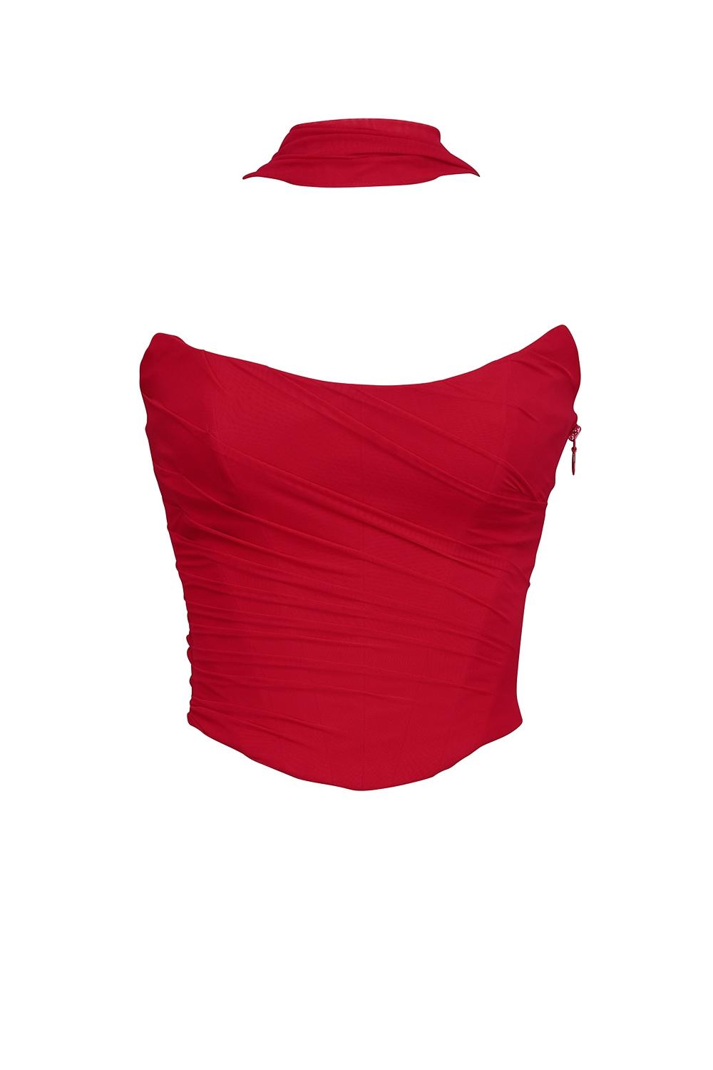 Hallie  holly red strapless corset top with detachable neck scarf Product Image
