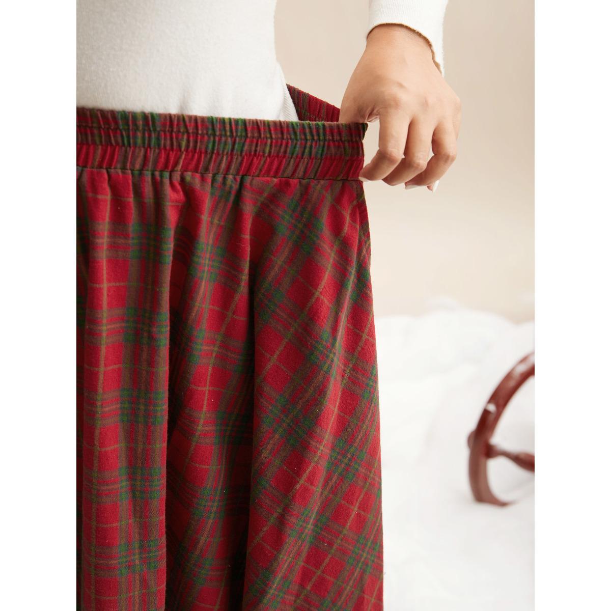Plus Size Plaid Pattern Asymmetrical Hemline Midi Skirt Women Crimson Elegant Asymmetrical Loose No stretch Slanted pocket Everyday Skirts BloomChic 30/6X Product Image