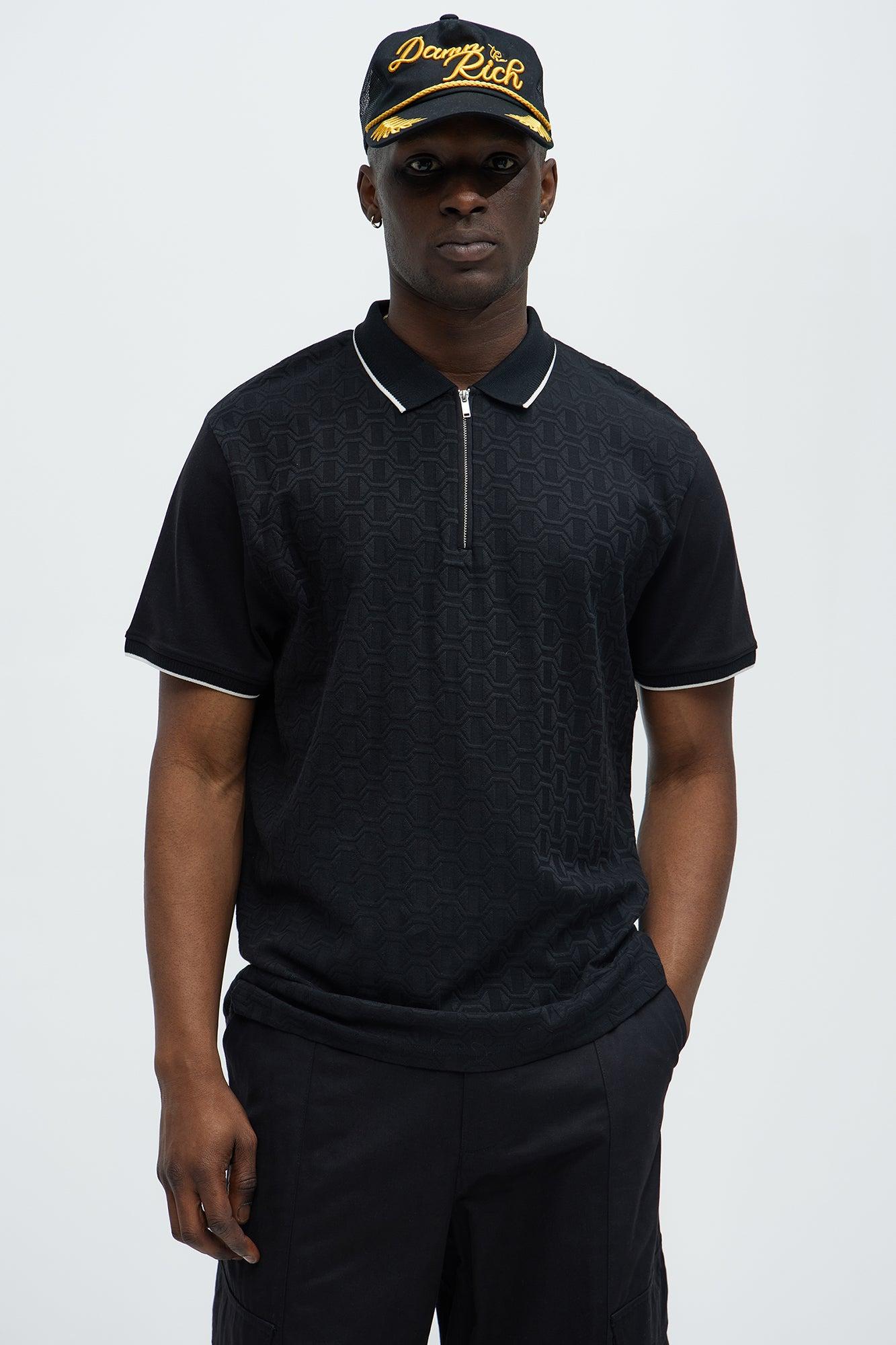 Hexagon Textured Short Sleeve Polo - Black Product Image