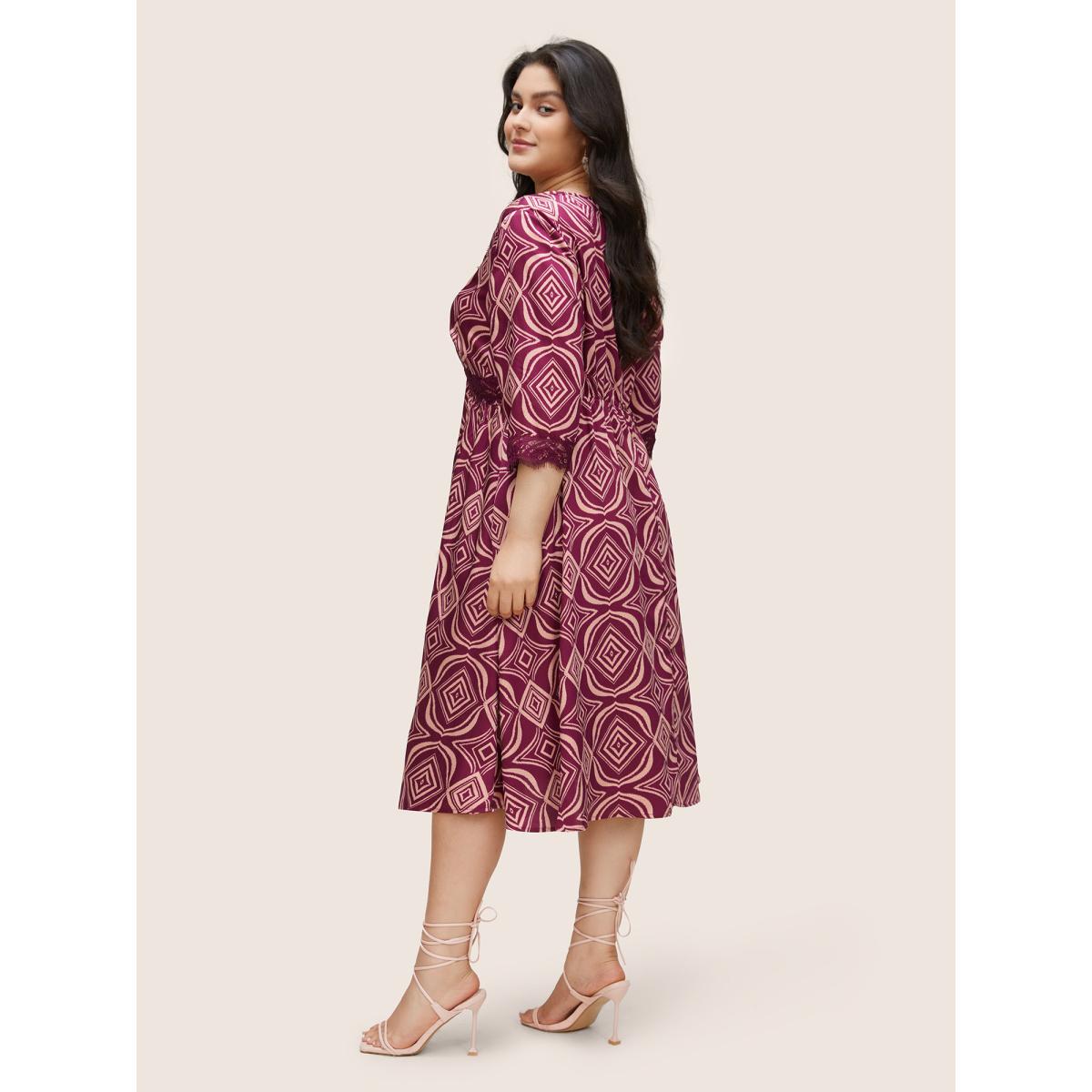 Plus Size Geometric Lace Panel Patchwork Elastic Waist Dress RedViolet Women Resort Non V-neck Elbow-length sleeve Curvy Midi Dress BloomChic 14-16/1X Product Image