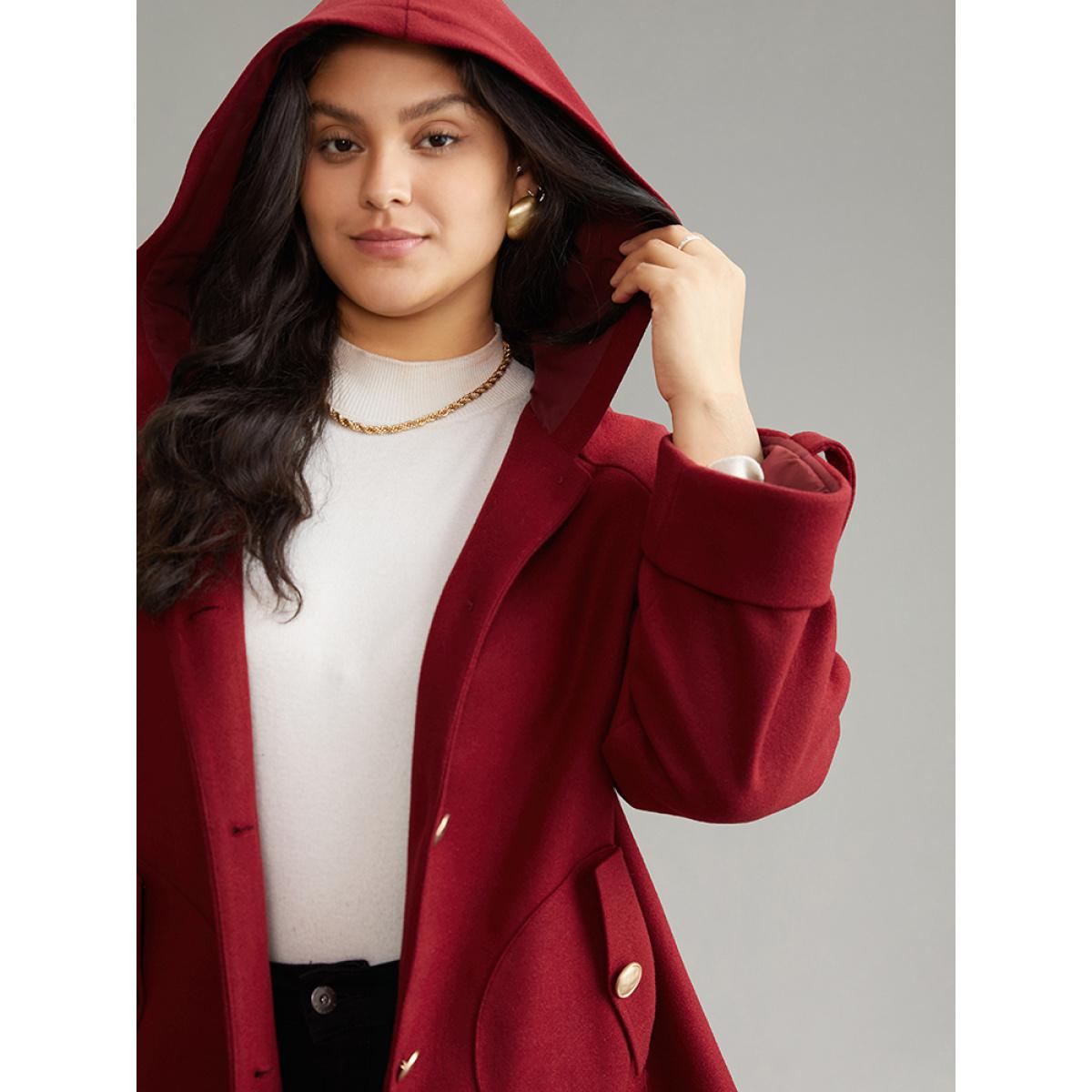 Plus Size Plain Pocket Tab Sleeve Button Detail Woven Coat Women Scarlet Casual Lined Ladies Dailywear Winter Coats BloomChic 26/4X Product Image
