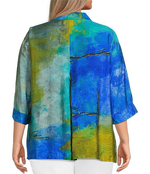 Ali Miles Plus Size Woven Color Block Print Point Collar 3/4 Sleeve Button Front Tunic Product Image
