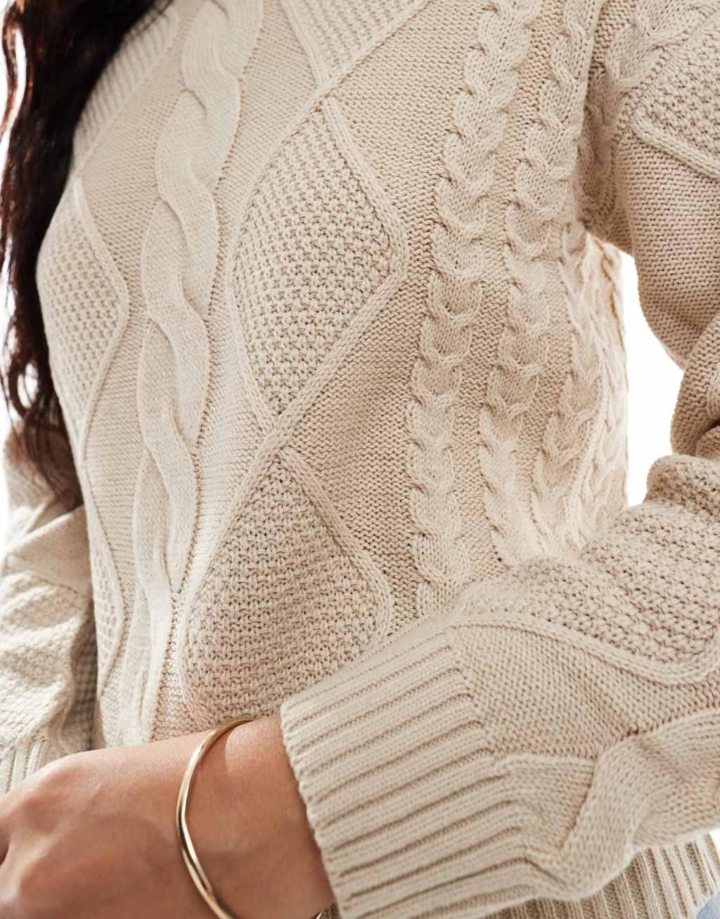 Vila round neck cable knit sweater in cream Product Image