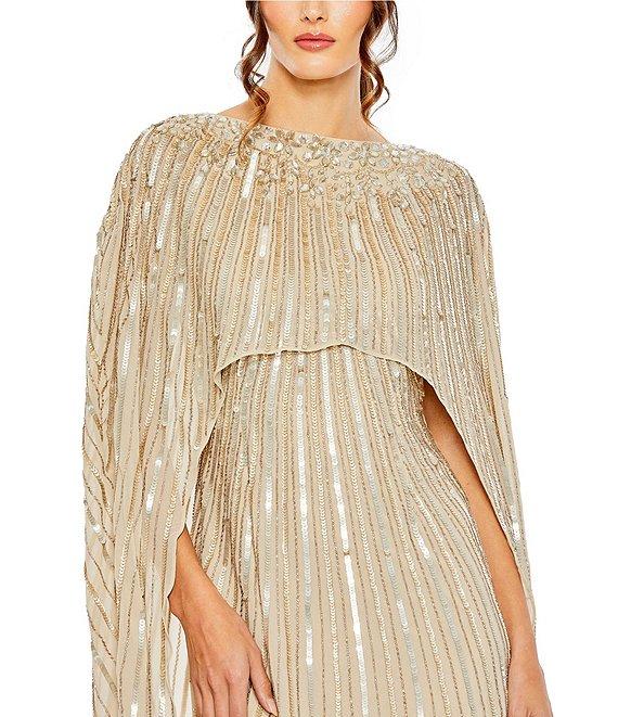 Mac Duggal Sequin Mesh Embellished Beaded Boat Neck Cape Sleeve Column Gown Product Image