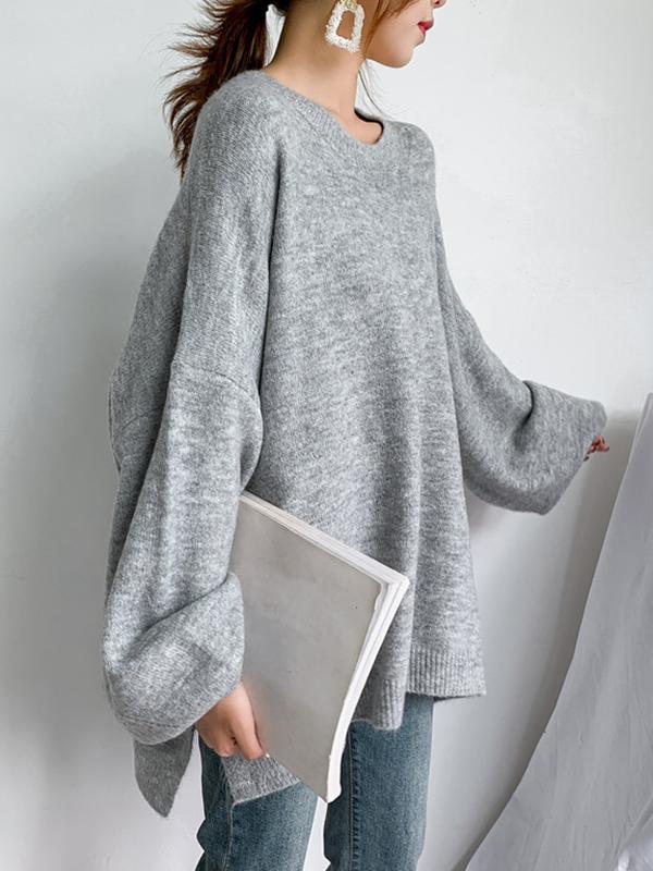 Stretch Mohair-Blend Balloon Sleeves Loose Solid Round-Neck Sweater Tops Product Image