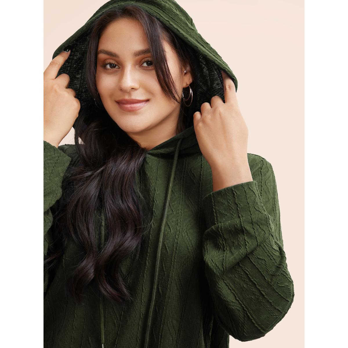 Plus Size Plain Textured Hooded Drawstring Sweatshirt Women Green Casual Elastic cuffs Hooded Everyday Sweatshirts BloomChic 12/L Product Image
