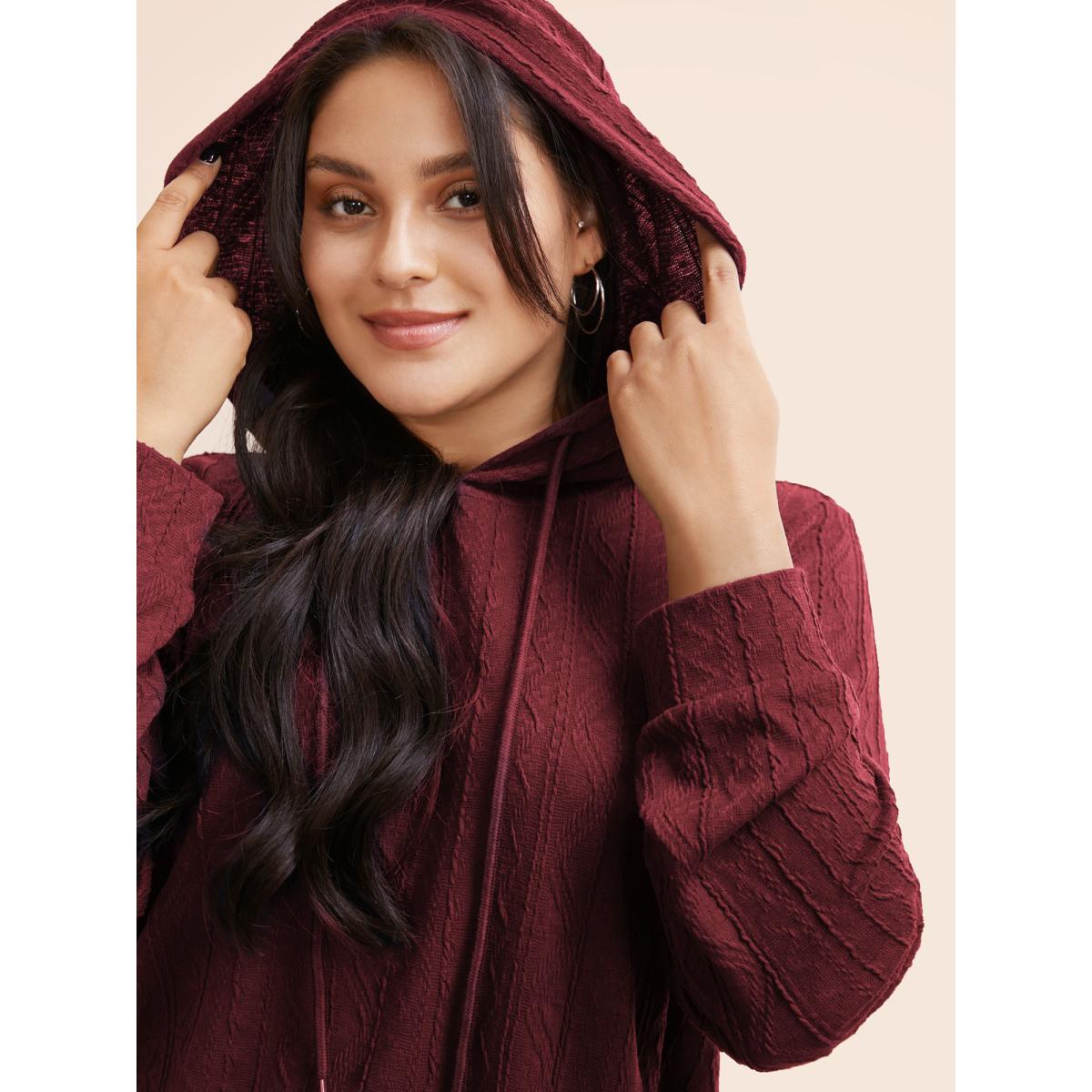 Plus Size Plain Textured Hooded Drawstring Sweatshirt Women Burgundy Casual Elastic cuffs Hooded Everyday Sweatshirts BloomChic 22-24/3X Product Image