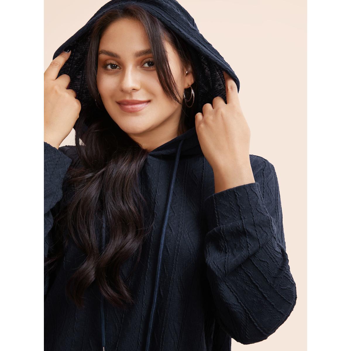 Plus Size Plain Textured Hooded Drawstring Sweatshirt Women Blue Casual Elastic cuffs Hooded Everyday Sweatshirts BloomChic 14-16/1X Product Image