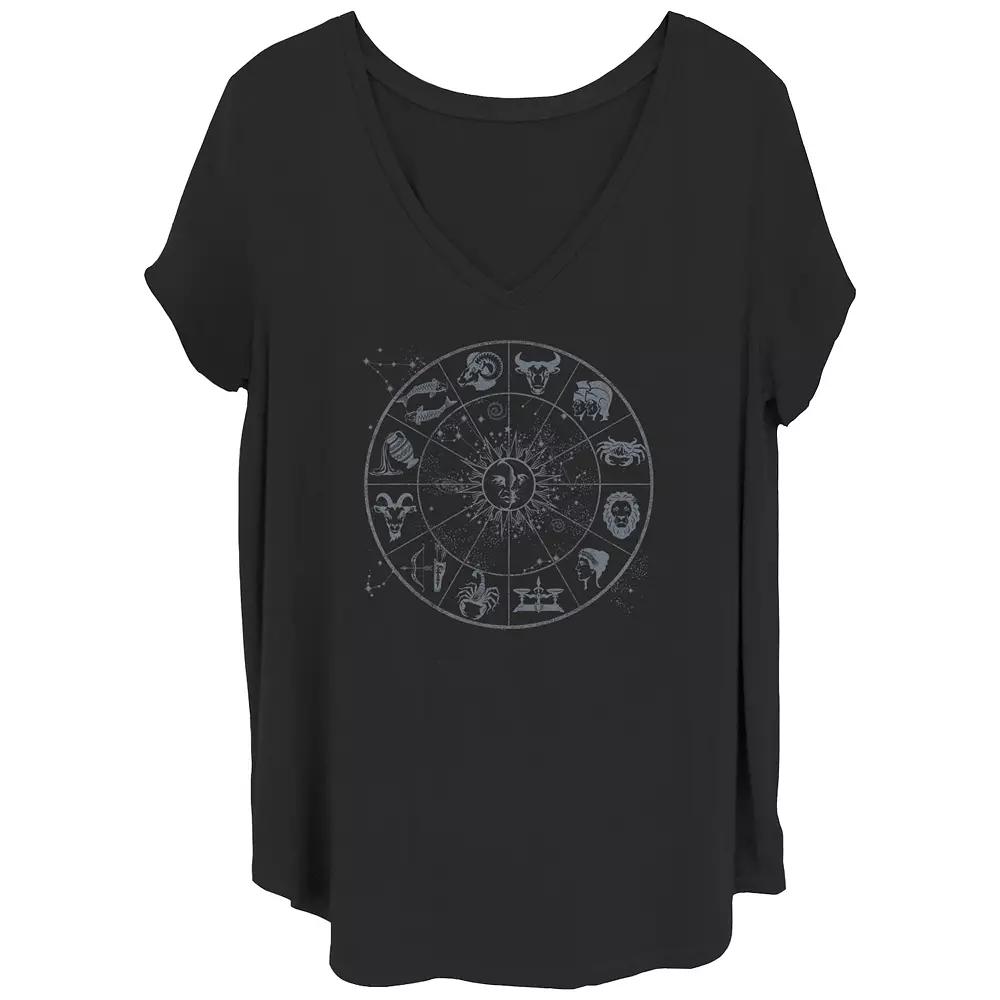 Juniors' Plus Sun And Moon Celestial Zodiac Signs V-Neck Graphic Tee, Women's,  Product Image