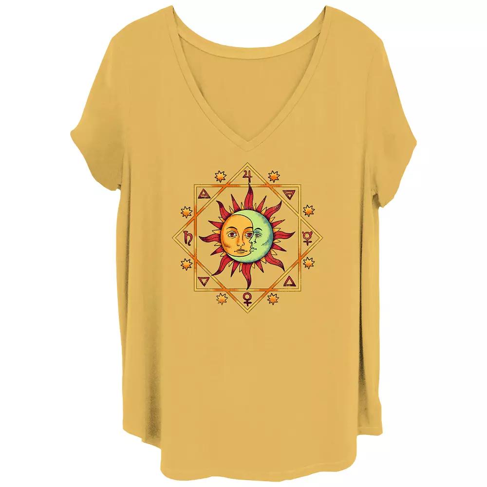 Juniors' Plus Celestial Sun And Moon Zodiac Cluster V-Neck Graphic Tee, Women's,  Product Image