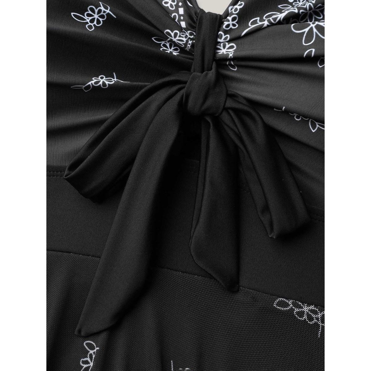 Plus Size Boho Print Ruched Bow Asymmetrical Hem Swim Dress Women's Swimwear Black Resort Bodycon Heart neckline High stretch Curve Swim Dresses BloomChic 22-24/3X Product Image