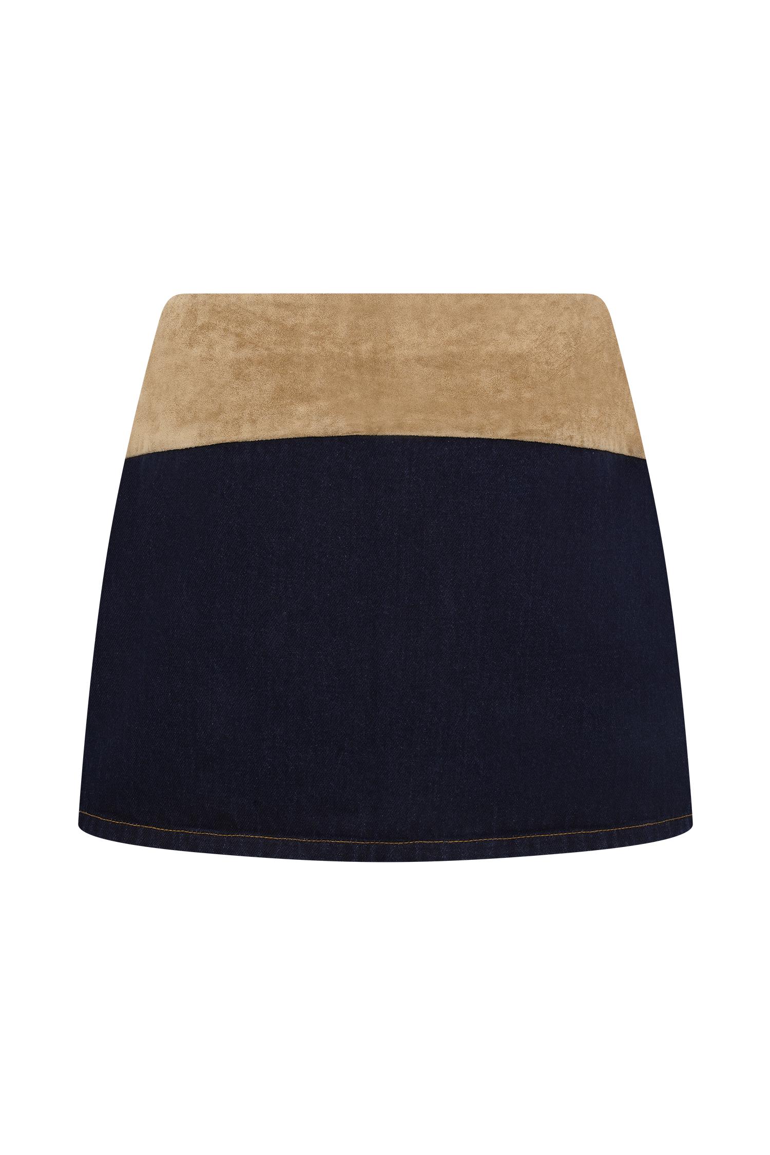 Miranda Faux Suede Belted Denim Mini Skirt - Indigo Blue Product Image