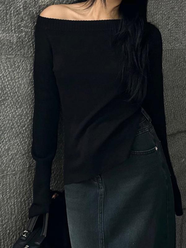 Solid Off Shoulder Slit Long Sleeve Knit Product Image