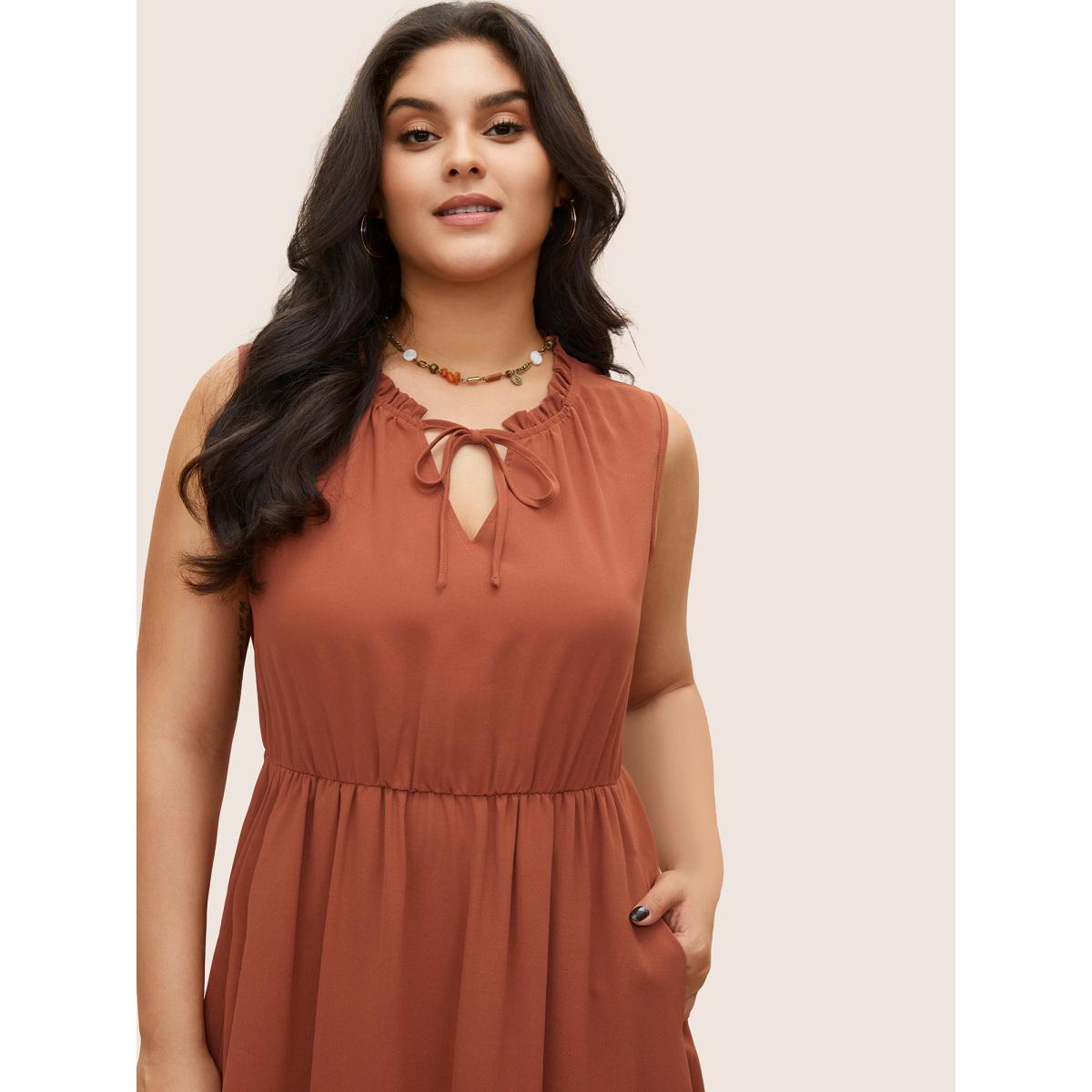Plus Size Lace Panel Tie Neck Frill Trim Tank Dress Rust Women Resort Non V-neck Sleeveless Curvy Midi Dress BloomChic 30/6X Product Image