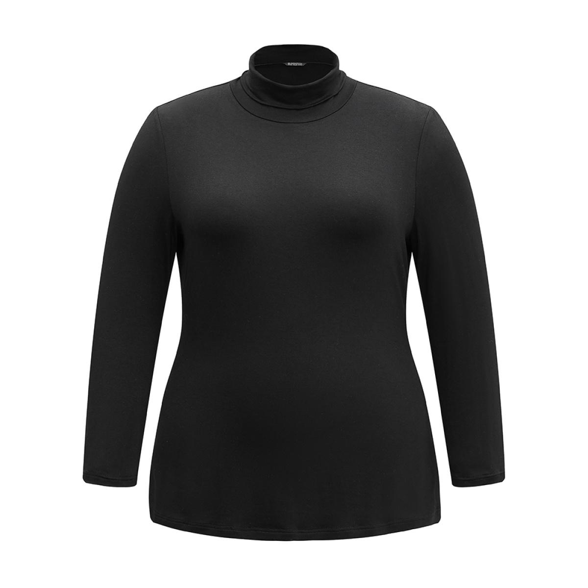 Plus Size Supersoft Essentials Solid Funnel Neck Knit T-shirt Black Women Leisure Plain Plain Ruffled collar Bodycon Casual T-shirts BloomChic 22-24/3X Product Image